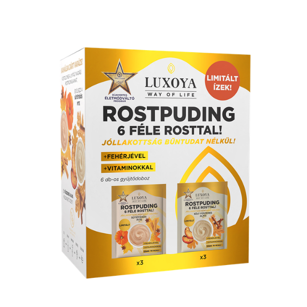 Luxoya LIMITÁLT ŐSZI - Rostpuding 6 féle rosttal - kóstolócsomag - Sütőtök pite, Sült fahéjas alma - 6x25g